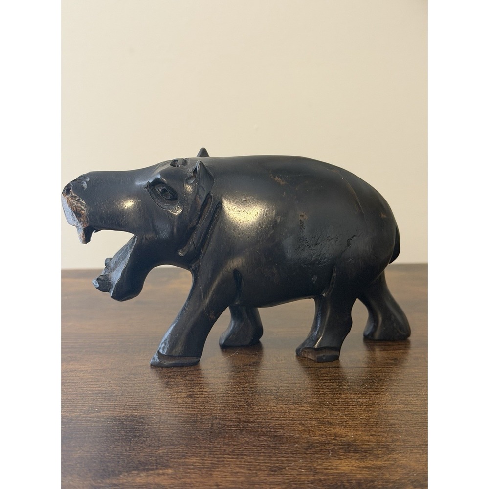 Vintage Hand Carved African Hippo Figurine Dark Dense Hardwood Open Mouth 5"